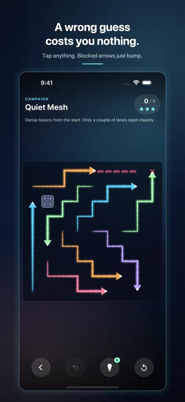 The Quiet Mesh board full of overlapping coloured routes, with a blocked arrow bumping instead of moving