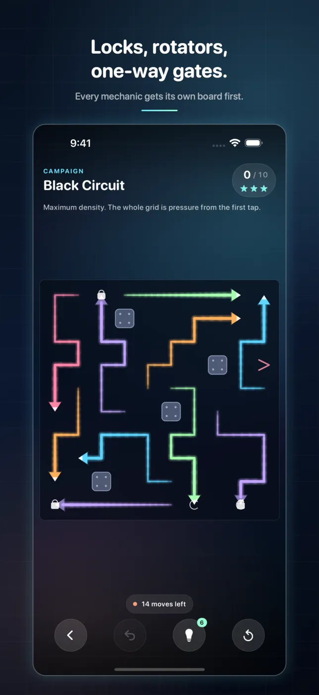 Black Circuit at maximum density, a full grid of routes with locks and rotators and 18 moves left