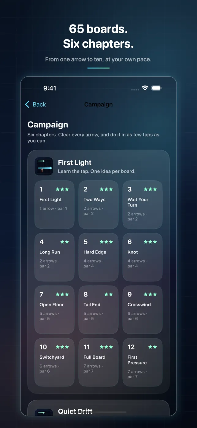 The Campaign screen listing the First Light chapter board by board, each with its star rating and par