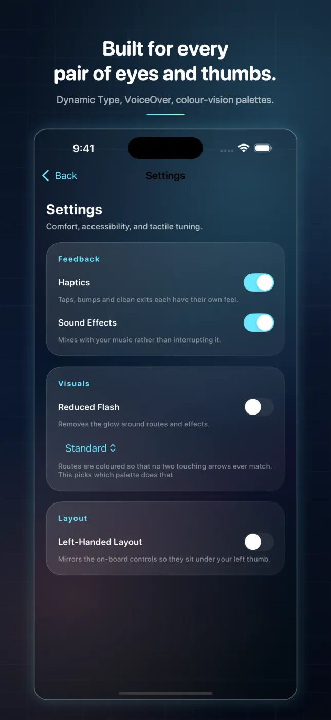 Settings with haptics, sound effects, Reduced Flash, a colour-vision palette picker and a left-handed layout toggle