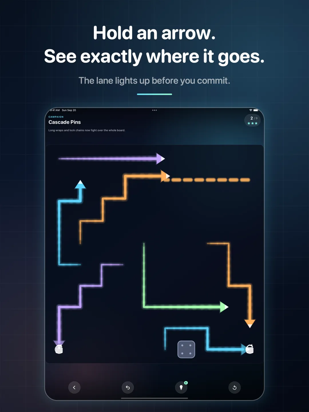 A Traceflux board on iPad with an arrow held and its route previewed across the grid