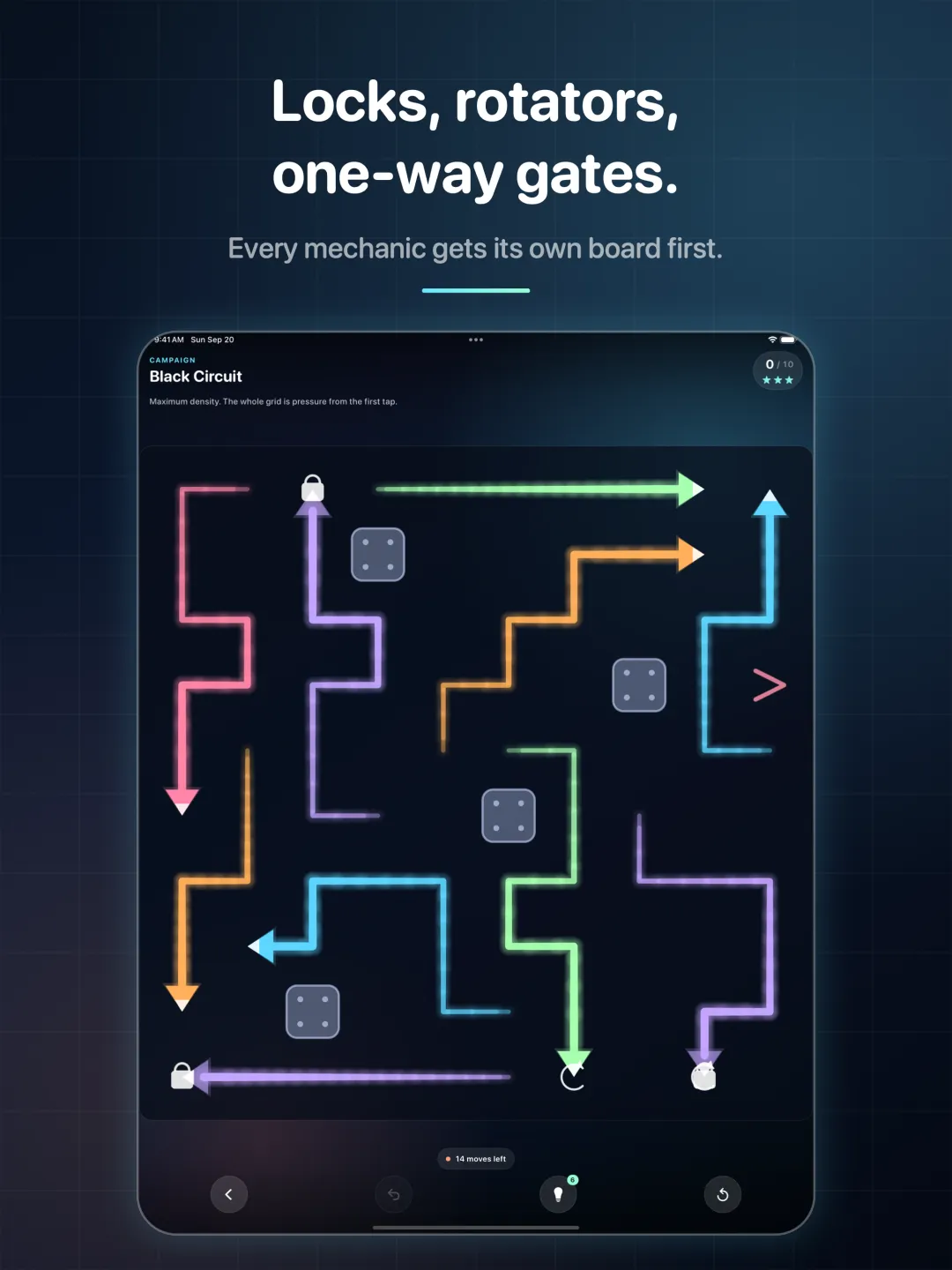 A dense late-chapter board on iPad, routes crossing the full 10 by 10 grid
