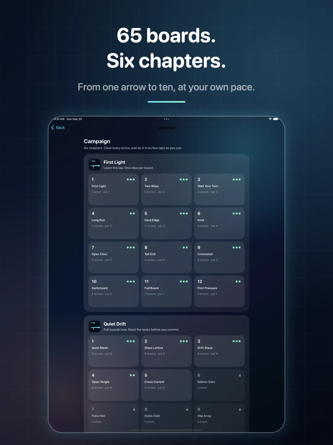 The Campaign chapter list on iPad, boards laid out in wide rows